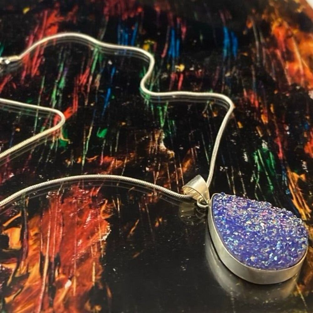 Rainbow Druzy Quartz Healing 925 silver Necklace womens jewelry juniors gift Gem